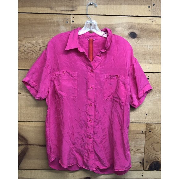 LEFT ON FRIDAY Short Sleeve Button Down Shirt Womens Size S/M 100% Silk Pink - Picture 1 of 11
